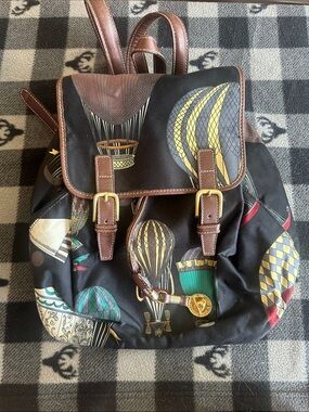 Fornasetti Black Canvas Backpack with Multicolor Hot Air Balloon Motif